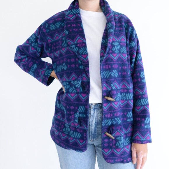 Sweaters - Vintage Bay Area Traders Purple Teal Aztec Fleece Button Up Cardigan Sweater L